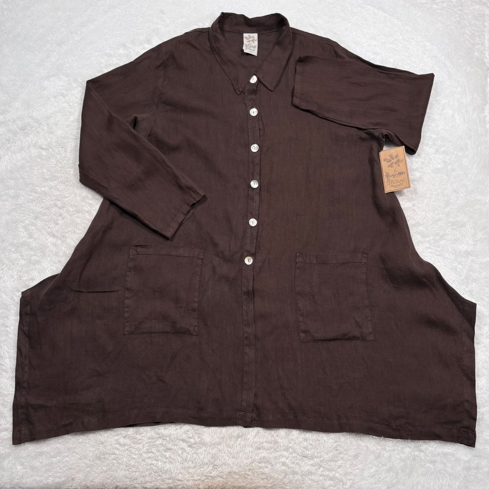 New Match Point La Fixsun Button Tunic Womens XL Brown LINEN Lagenlook MADE USA